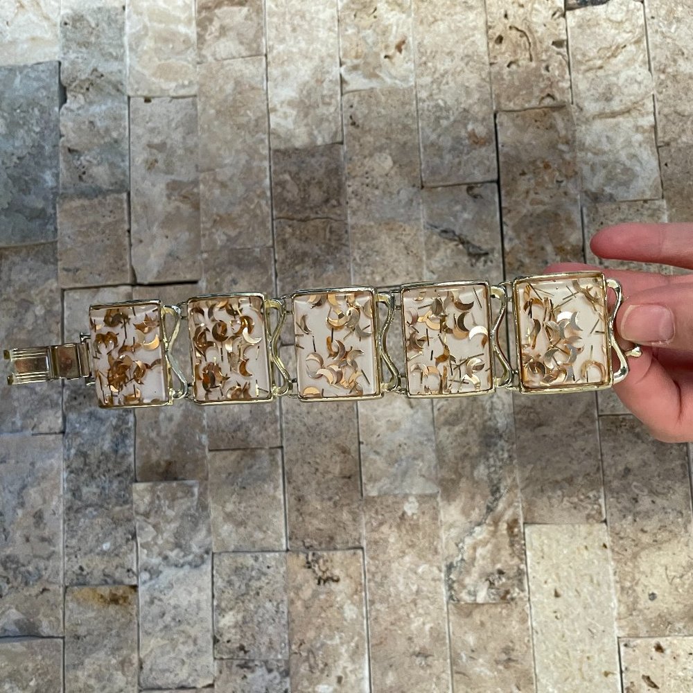 Rare Vintage Pam 1950s Lucite Bracelet with Crescent Moon Confetti